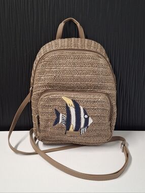 Vera Bradley Straw Warm Stone Mini Convertible Backpack With Embroidered Fish